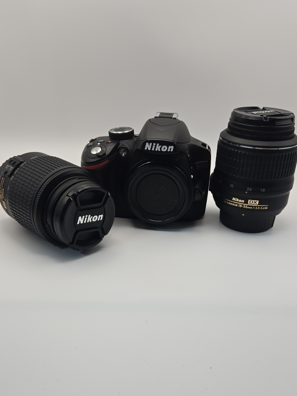 Black Nikon D3200 DSLR Camera Body with 18-55mm and 55-200mm Nikkor Lenses